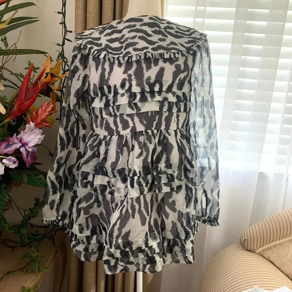 Anthropologie Maeve Long-Sleeve Collared Sheer Mini Dress in Black and White